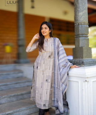 Shimmer Tissue Dove Grey Kurti with Shawl – Stripes