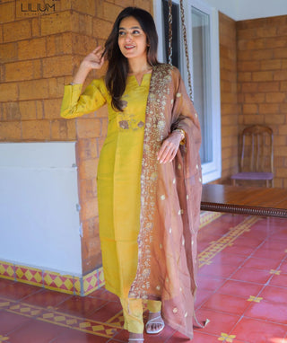 Mustard Yellow Tissue Silk 3-Piece Festive Set with Embroidery