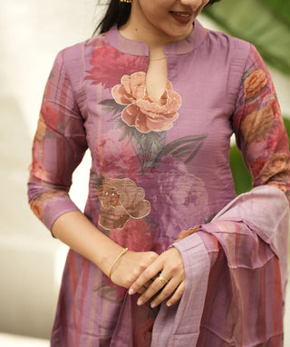 Dusky Rose Royale Muslin 3 Piece Set with Handwork