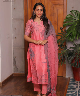 Coral Rose Embroidered Muslin 3 Piece Festive Wear Set