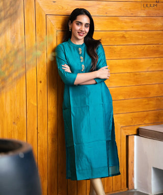 Royal Lagoon Teal Hand Embroidered Muslin Festive Kurti