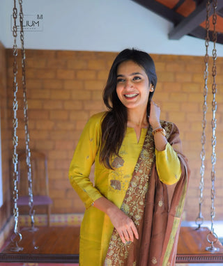 Mustard Yellow Tissue Silk 3-Piece Festive Set with Embroidery