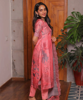 Coral Rose Embroidered Muslin 3 Piece Festive Wear Set