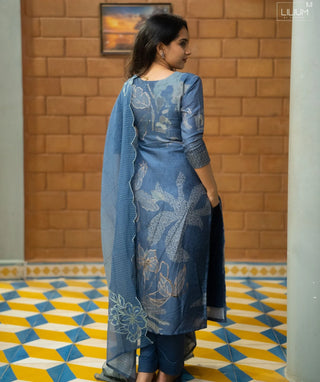 Dusty Indigo Muslin Silk 3-Piece Set – Festive Elegance