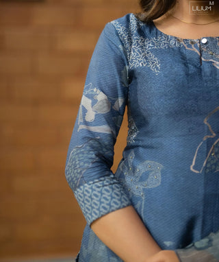 Dusty Indigo Muslin Silk 3-Piece Set – Festive Elegance