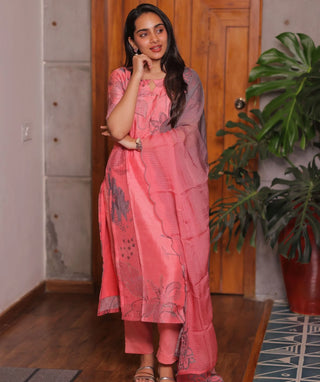 Coral Rose Embroidered Muslin 3 Piece Festive Wear Set