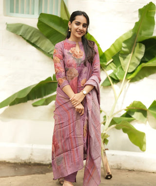 Dusky Rose Royale Muslin 3 Piece Set with Handwork