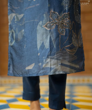 Dusty Indigo Muslin Silk 3-Piece Set – Festive Elegance