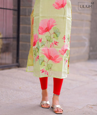 Light Green Kurti with Pink Blossom – Tussar Fabric