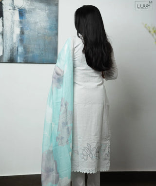 Moonlit Silver Pearl Cotton Embroidered 3 Piece Set