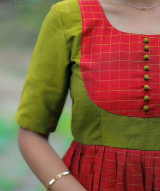 Red and  Pear Chanderi Silk Festive Handloom Maxi Dress