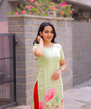 Light Green Kurti with Pink Blossom – Tussar Fabric