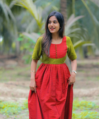 Red and  Pear Chanderi Silk Festive Handloom Maxi Dress