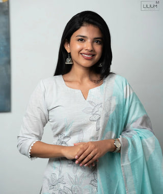 Moonlit Silver Pearl Cotton Embroidered 3 Piece Set