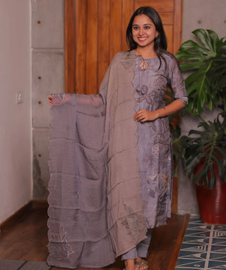 Moonstone Grey Hand Embroidered Muslin 3 Piece Set