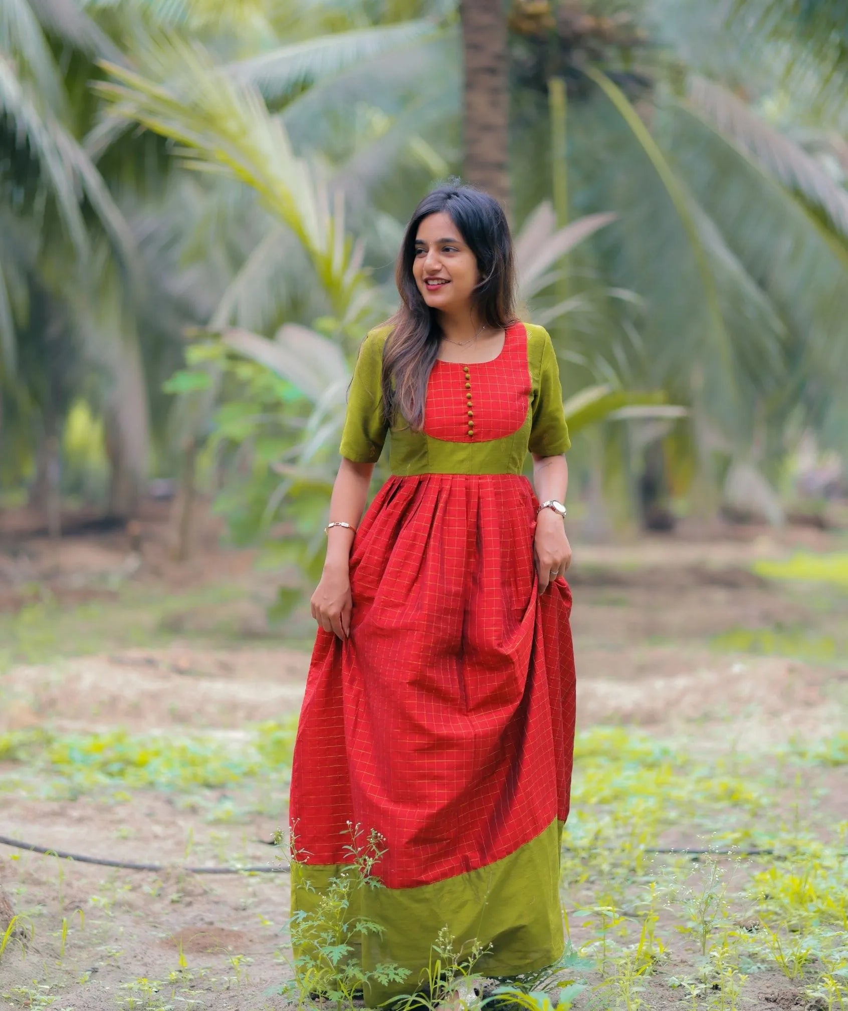Red and Pear Chanderi Silk Festive Handloom Maxi Dress