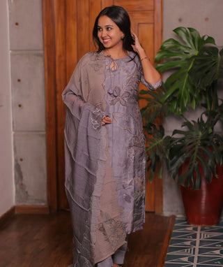Moonstone Grey Hand Embroidered Muslin 3 Piece Set