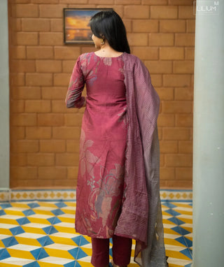 Mulberry Wine Muslin Silk Festive 3 Piece Set