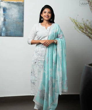 Moonlit Silver Pearl Cotton Embroidered 3 Piece Set