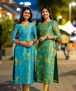 Pine Green Shimmer Tissue Kurti – Elegant Lined Casual Wear