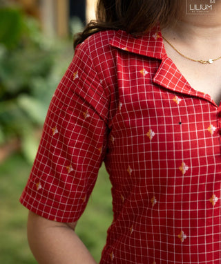 Crimson Check Cotton Kurti with Elbow Sleeves – Everyday Comfort