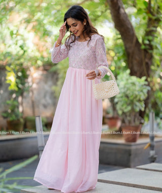 Elegant Soft Pink Georgette Gown with Sequin Embroidery