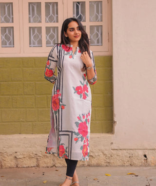 Vintage Rose Canvas Cotton Kurti – 3/4 Sleeve Casual Elegance