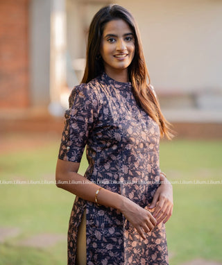 Navy Blue Manipuri Kurti – Casual Floral Dress