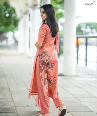 Coral Pink 3-Piece Muslin Set with Handcrafted Embroidery