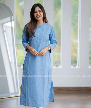 Denim Blue Linen Cotton Knee-Length Casual Kurti