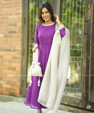 Orchid Purple Anarkali Suit with Gold Embellishment & Shawl