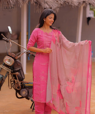 Empress Blush Linen Slub 3 Piece Set with Zari Work