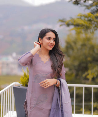 Smoky Mauve Hand Embroidered Slub Muslin 3 Piece Set