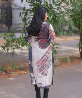 Ivory Coral Indigo Textured Muslin Cotton Kurti