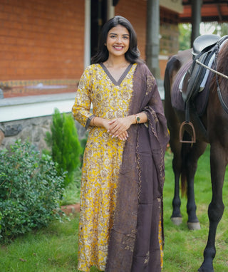 Elegant Yellow Muslin Silk 3-Piece Set with Embroidery