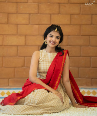 Royal Ecru Checks Cotton Handloom Crop Top Skirt Set