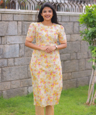 Ivory Bloom Cotton Co-Ord Set with Pockets for Women
