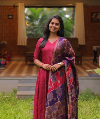 Velvet Rouge Russian Silk A-Line Kurti With Shawl