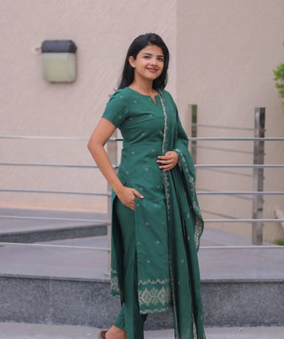 Emerald Sage Cotton Handloom 3-Piece Set with Pockets