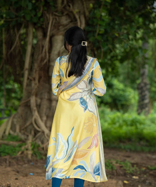 Honeydew Blossom Muslin A-Line Kurti with Shawl