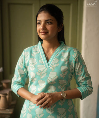 Seafoam Blossom Cotton Co-ord Set with 3/4 Sleeves