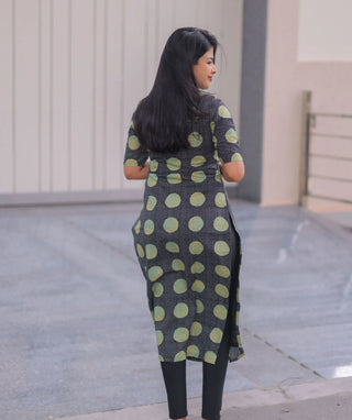 Sage Noir Mosaic Cotton Kurti – Casual Elbow Sleeve