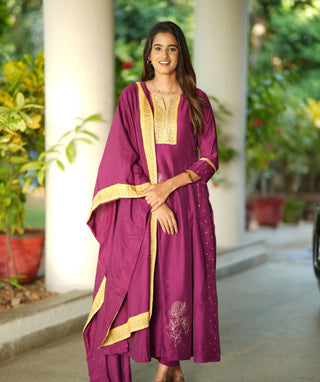 Elegant Burnt Burgundy 3-Piece Festive Set with Embroidery