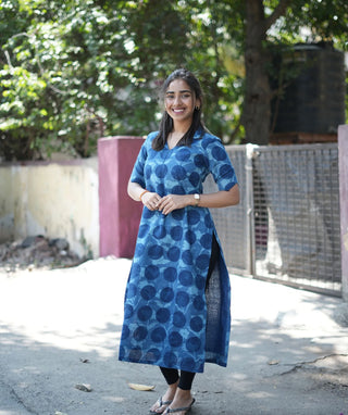 Indigo Moon Dot Handblock Cotton Kurti – Casual Chic Style