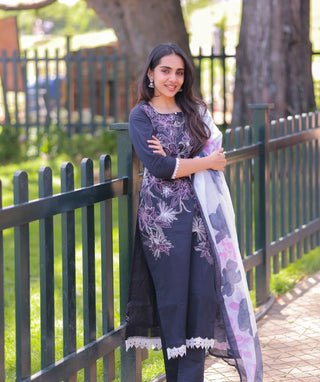 Midnight Onyx Embroidered Cotton 3 Piece Festive Set