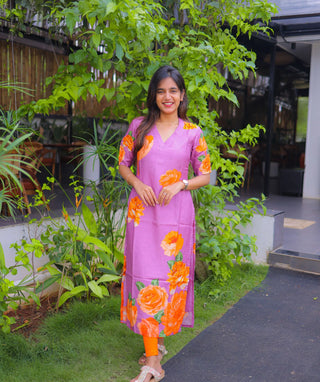 Lavender Muslin Kurti with Orange Corolla Print