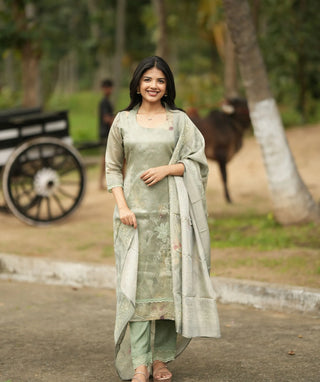 Sage Green Tissue Silk 3-Piece Set – Festive Elegance