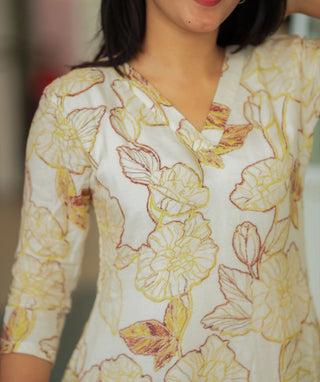 Half White Floral Aline Kurti in Pure Muslin Silk - 46" Length