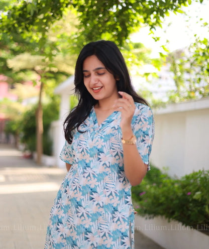 Sky Blue Floral Cotton Kurti - Traditional Elegance