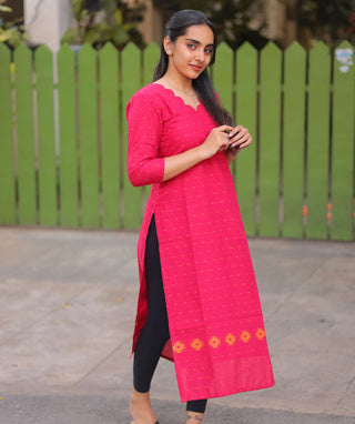 Pink Garnet Cotton Handloom Kurti – 3/4 Sleeve